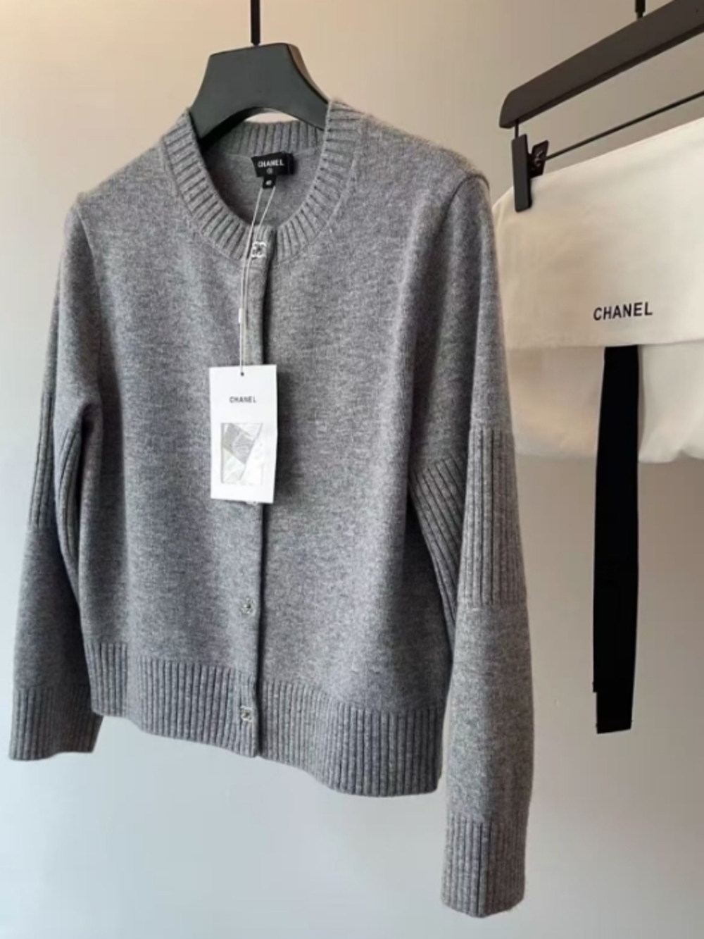 CHANEL Gray Ribbed Cashmere Cardigan